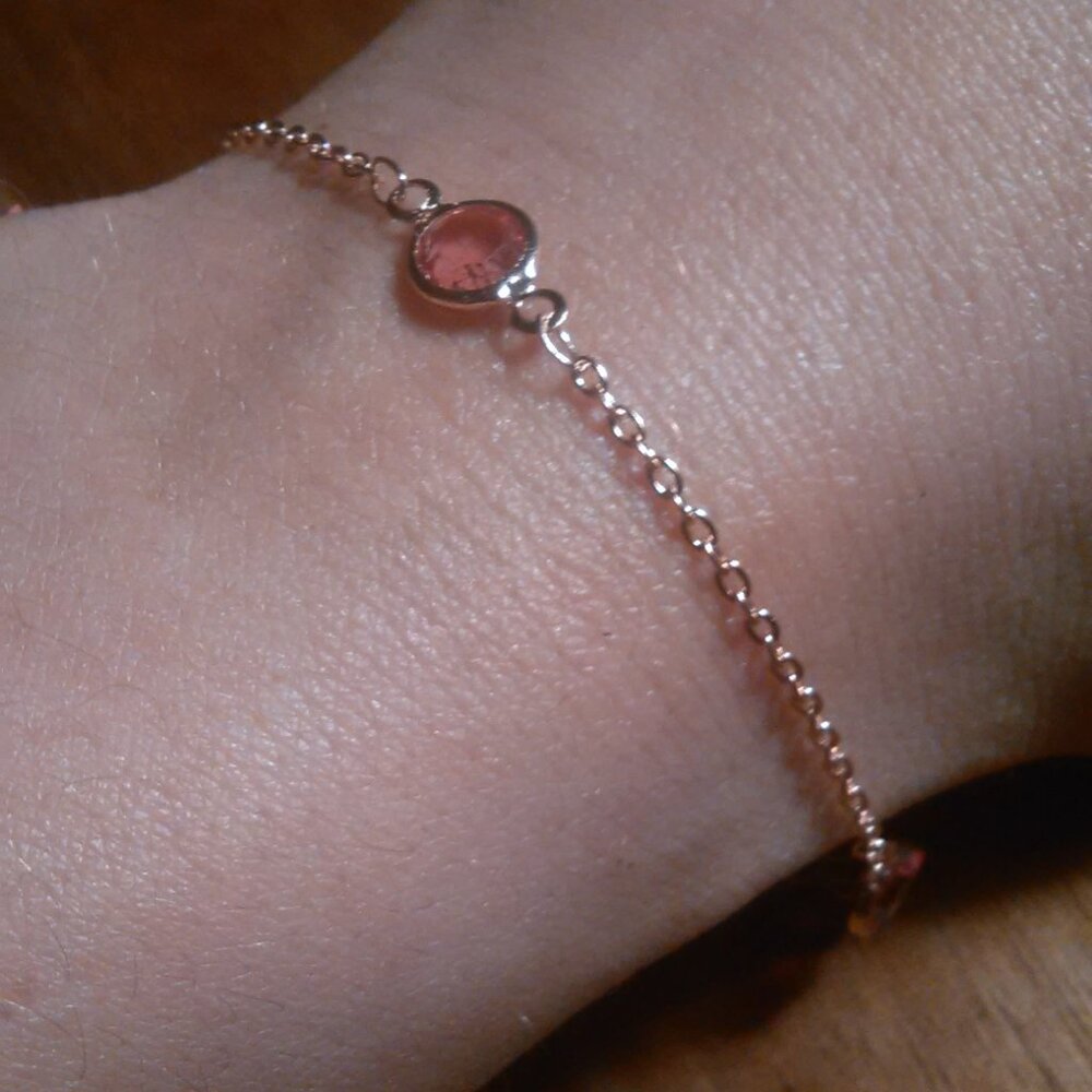 Beveled Pink Glass Ion Plated Rose Gold Stainless Steel Station Bracelet